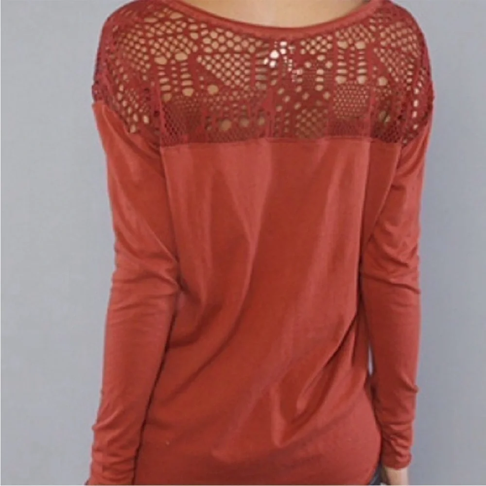 Free People We The Free rust crochet back and sleeve v neck cotton long sleeve
